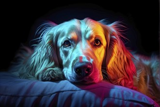 Portrait of a colored dog in vibrant hues as metaphor for the saying known like a colorful dog, AI