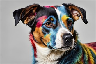 Portrait of a colored dog in vibrant hues as metaphor for the saying known like a colorful dog, AI