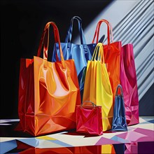 Assorted vibrant shopping bags lined up in front of a grey background, AI generated