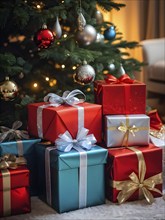 Beautiful wrapped Christmas gifts with shiny ribbons and bows stacked under a evergreen tree in a