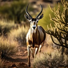 Pronghorn antelope sprinting through the sparse vegetation of the sonora desert, AI generated