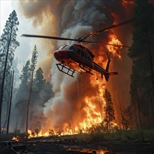 Firefighter helicopter combating forest fire dispersing water over the inferno, AI generated