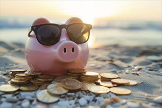 Piggy bank with coins on sunny beach. Generative ai, AI generated