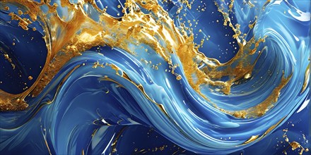 Digital art illustration of a liquid whirlpool swirling with blue and golden tones, AI generated