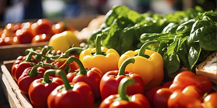 Fresh vibrant organic fruits and vegetables at a bustling farmers market, AI generated