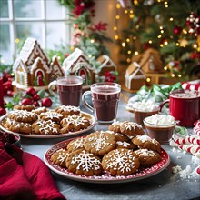 Kitchen counter filled with Christmas cookies, gingerbread houses, and mugs of hot chocolate, with