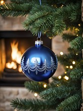 Christmas ornament hanging on a tree, with reflections of twinkling lights and fireplace flames