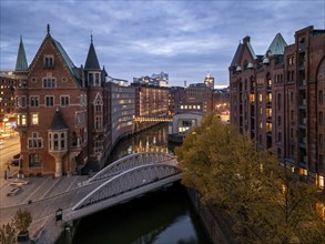 Aerial view of historic brick architecture of Hamburg's Speicherstadt warehouse district on Sankt