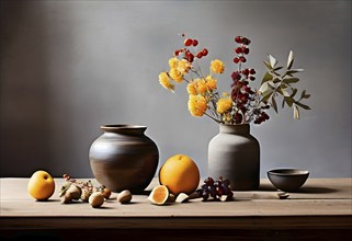 Still life scene of a simple wooden table with a vase of dried flowers, a few ceramic bowls, and