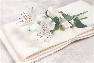 Kitchen towels, cream color, with alstroemeria, Peruvian lily, top view, concept, decor, no people