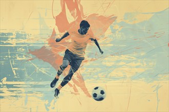 A soccer player dribbles and kicks a soccer ball. Abstract vintage grungy poster style with muted