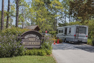 Sign indicating entrance to Fort Wilderness Resort at Walt Disney World, Florida, USA, North