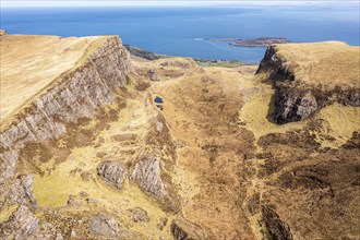 Aerial view of the Quiraing rock formations, Trotternish peninsula, Isle of Skye, Scotland, UK