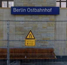 S-Bahn, construction fence in front of a bench at Berlin Ostbahnhof, Friedrichshain, Berlin,