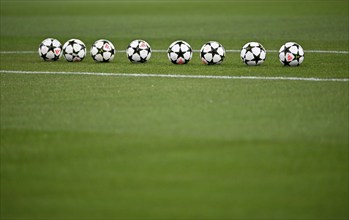 Adidas Derbystar Pro match balls lie on grass, Champions League, Allianz Arena, Munich, Bavaria,