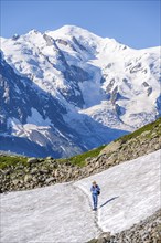 Mountaineer crossing a snowfield, view of spectacular glaciated peaks of Mont Blanc, Mont Blanc