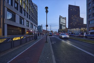 Ebertstraße with skyscrapers Forum Tower and Kollhoff-Tower at Potsdamer Platz at blue hour, dusk