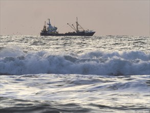 Trawler fishing boat, fishing near the coast in the evening time, in the North sea, off the West