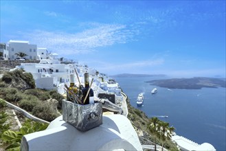 Greece Islands, scenic panoramic sea views of Santorini island from top outlook of Fira village