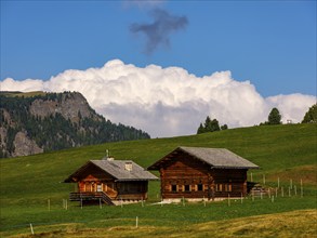 Alpine huts on green meadows, spring clouds above, Alpe di Siusi, Dolomites, South Tyrol, Italy,