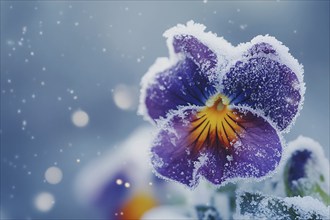 Close up of single Pansies flower head covered in snow in cold spring. Generative AI, AI generated