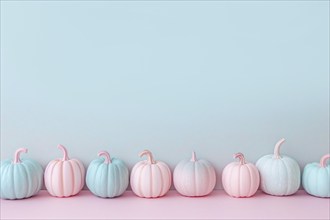 Small pastel pink and blue pumpkins in a row on pastel background with copy space. Generative AI,