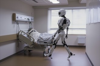 Futuristic humanoid cyborg taking care of elderly people in a hospital, AI generated