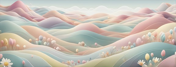 Easter-themed abstract landscape with fluid, flowing lines representing hills, flowers, and hidden