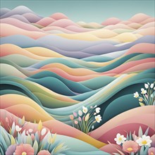 Easter-themed abstract landscape with fluid, flowing lines representing hills, flowers, and hidden