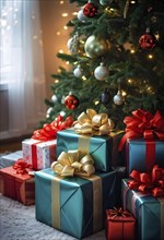 Beautiful wrapped Christmas gifts with shiny ribbons and bows stacked under a evergreen tree in a