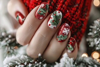 Close up of woman's fingernails with red, green and white colored nail polish with seasonal