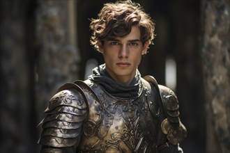 Young man in golden shiny knight armor. KI generiert, generiert, AI generated