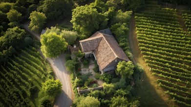 AI generated aerial view of a rustic vineyard cottage nestled amidst lush summer colored vine