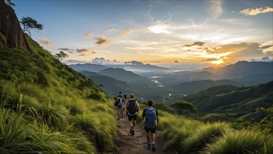 Group of friends hiking on a scenic mountain trail, AI generated