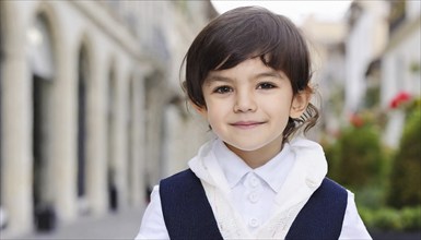 A little boy with brown hair smiles confidently into the camera, wearing a shirt and waistcoat, AI