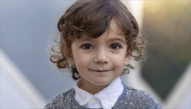 Close-up of a young girl with curly hair and a friendly smile, AI generated, AI generated