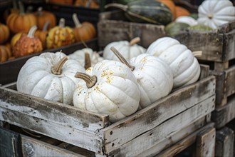 White pumpkins on wooden racks at market. Generative Ai, AI generated