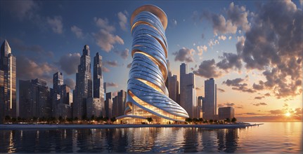 Modern skyscraper design concept showcasing the spiral patterns found in seashells, AI generated