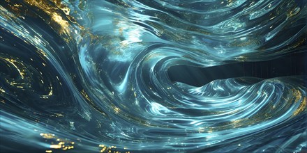 Digital art illustration of a liquid whirlpool swirling with cyan and golden tones, AI generated