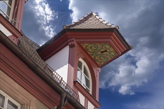 Historic roof lift bay windows on a residential building, Weißgerbergasse 29, Nuremberg, Middle