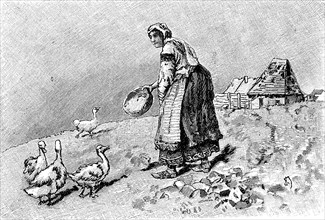 Farmer's wife in Bulgaria feeding the geese, Illustration from 1880, Historical, digital