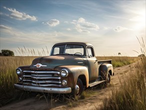 Rusted 1950s pick up truck parked on a lonely dirt road, with a sun-faded paint job and tall grass