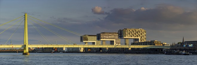 Severinsbrücke and Rheinauhafen harbour with crane houses, Cologne, North Rhine-Westphalia,