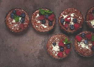 Chocolate tartlets, stuffed with cottage cheese and berries, breakfast, homemade, no people