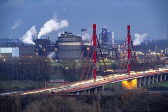 Thyssenkrupp Steel steelworks, blast furnaces 8 and 9, gasometer, motorway bridge of the A42 over