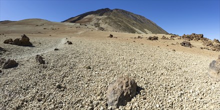 Hiking trail and rock formations, volcanic landscape in El Teide National Park, behind it the Pico