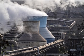 Panorama of the Thyssenkrupp Steel steelworks in Duisburg-Bruckhausen, cooling towers, at the