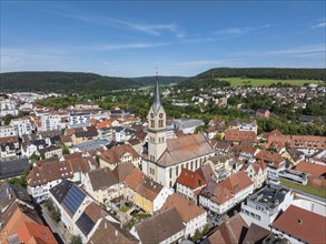 Aerial view of the city centre of Tuttlingen with the Protestant church of St. Peter and Paul,