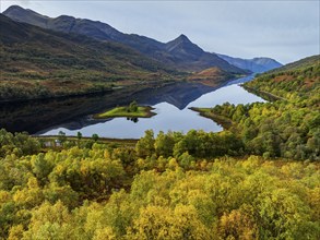 Fjord, coast, mountain landscape, reflection, island, autumn, autumn colours, aerial view, Loch