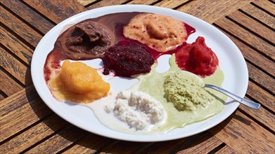 Plate with different types of granita, Bar Da Alfredo, Lingua, south-east tip of the island,